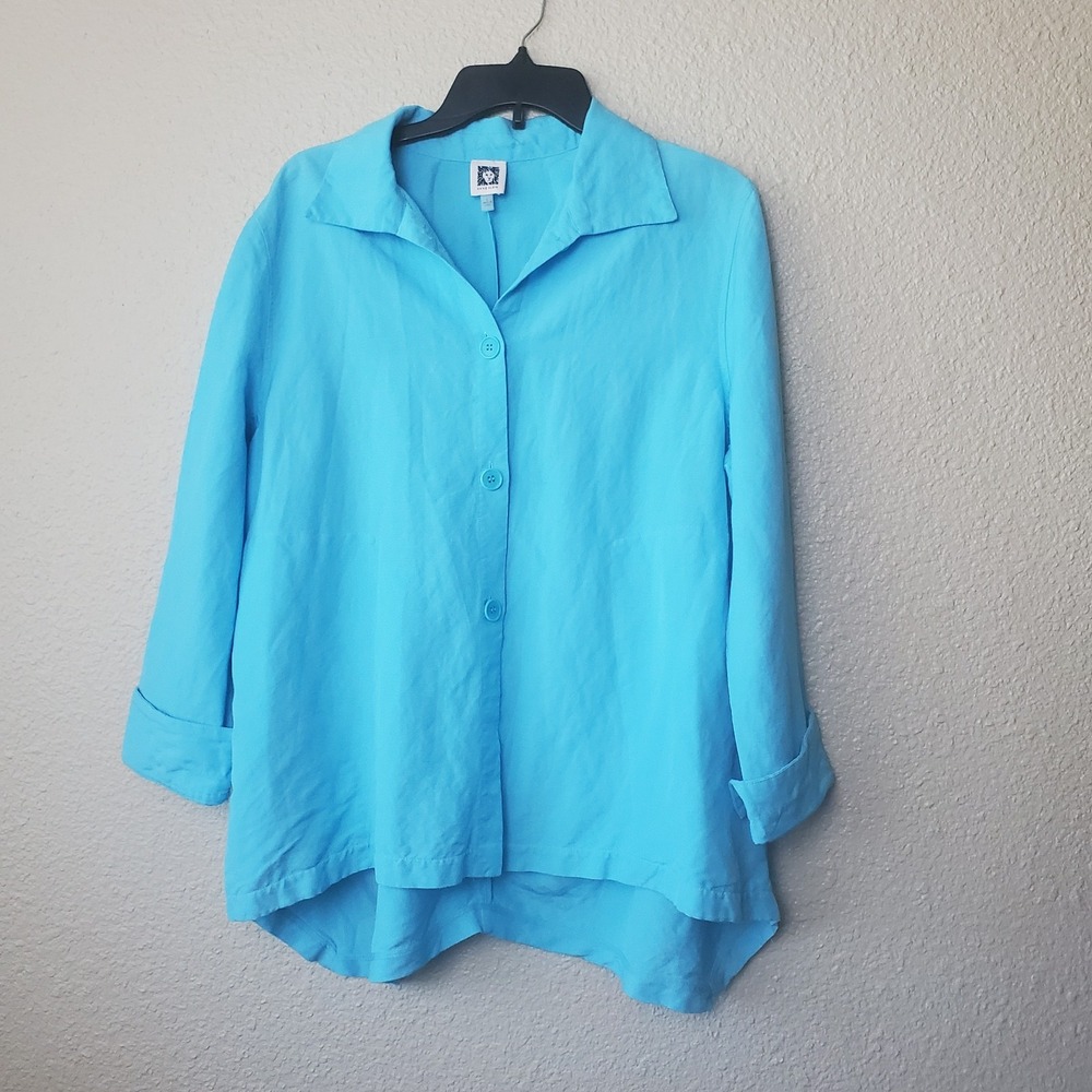 Anne‎ Klein Turquoise Blue Button Front Blouse High Low Hem Oversized Top XL